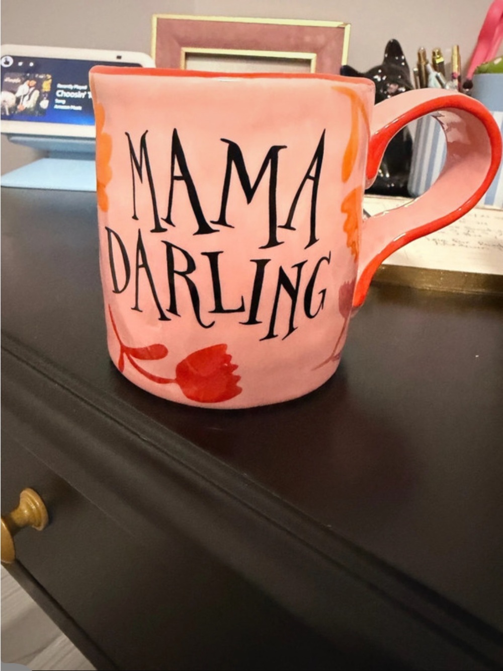 Anthropologie Pink 'MAMA DARLING' Ceramic Mug with Red Floral Accents